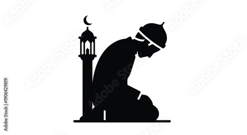 Muslim man praying beside a mosque silhouette with crescent moon