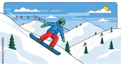 A downhill skier navigates a snowy mountain landscape with a cable car presented as a silhouette on transparent background high quality