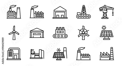 Collection of industrial and energy production icons line art.