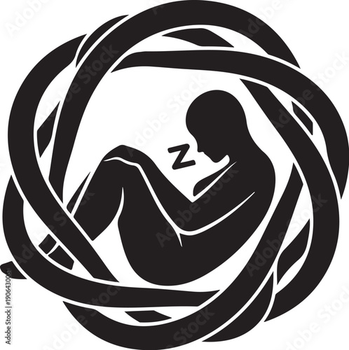 Person sleeping peacefully surrounded by swirling abstract black lines