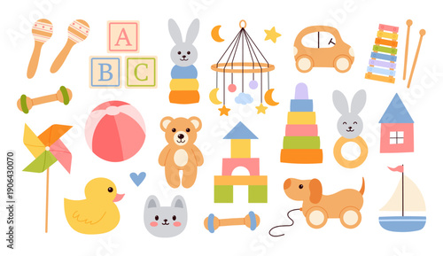 Cute kida toys set with animals, blocks, rattles, stacking rings, car, ball, duck, and nursery decor elements. Flat hand drawn illustration for kids products, education, posters