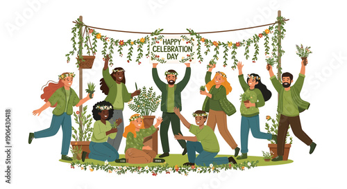 Diverse group of people celebrating with plants and flowers, vector illustration for banner or poster, Isolated on transparent background, png