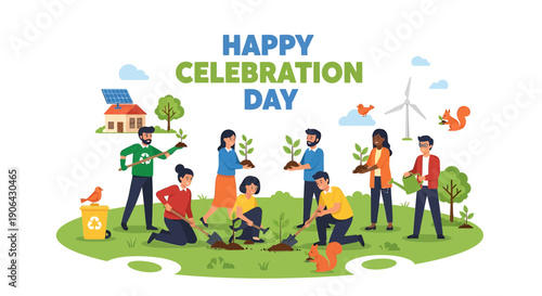Happy Celebration Day vector illustration of diverse people planting trees and gardening on green island with wind turbine and eco-friendly elements for banner or poster