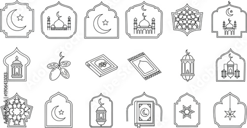 Islamic Design Elements: Mosques, Stars, Crescent Moons, and Holy Books