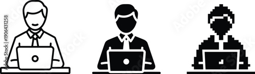 Business man working on laptop icon set in outline solid pixel styles professional office worker avatar vector illustration