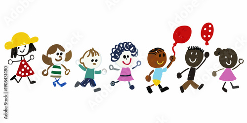 A line of colorful childlike figures walking and playing together
