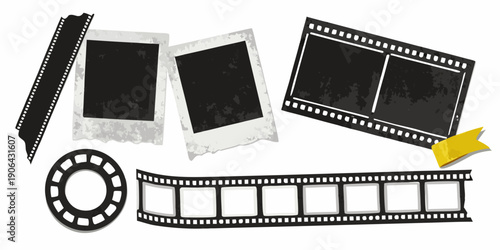 Vintage film photography elements strips frames and a reel