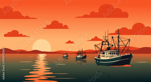 Vector illustration of fishing boats sailing at sunset on the water with a beautiful orange sky and clouds