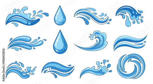 Collection of stylized water splashes and droplets in various shapes ideal for design projects on transparent background silhouette high quality professional