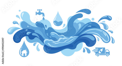 Dynamic water splash graphic with droplet faucet house and vehicle elements on transparent background silhouette high quality professional detailed modern elegant