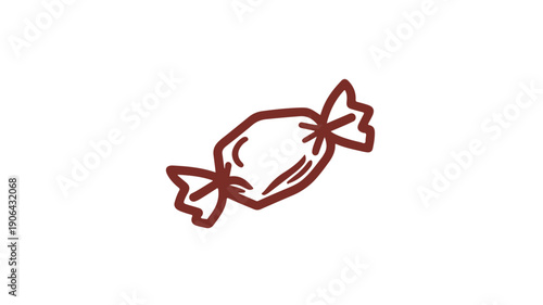 A minimalist red line drawing of a wrapped candy on white background simple sweet treat icon