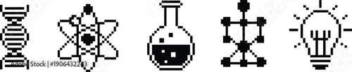 Pixel art science icons featuring dna atom chemistry flask molecule structure and lightbulb representing education research innovation flat vector