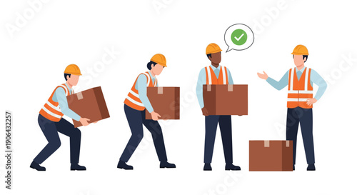 Four construction workers collaboratively lifting cardboard boxes displaying teamwork and safety on transparent background silhouette high quality professional detailed modern elegant