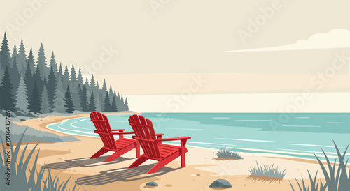 Serene Lakeside Retreat Two Red Adirondack Chairs on a Sandy Beach with Pine Forest and Calm Ocean - Vector Illustration