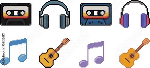 Pixel art music and audio icons set with cassette tape headphones guitar musical notes retro sound flat vector illustration design