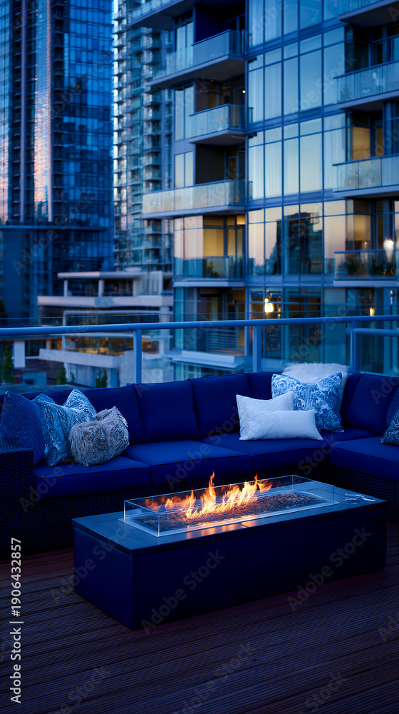 Obraz premium Cozy seating area with fire feature on balcony in urban setting during evening hours