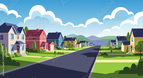 Charming Suburban Neighborhood Vector Illustration A Peaceful Community Scene with Houses and Roads