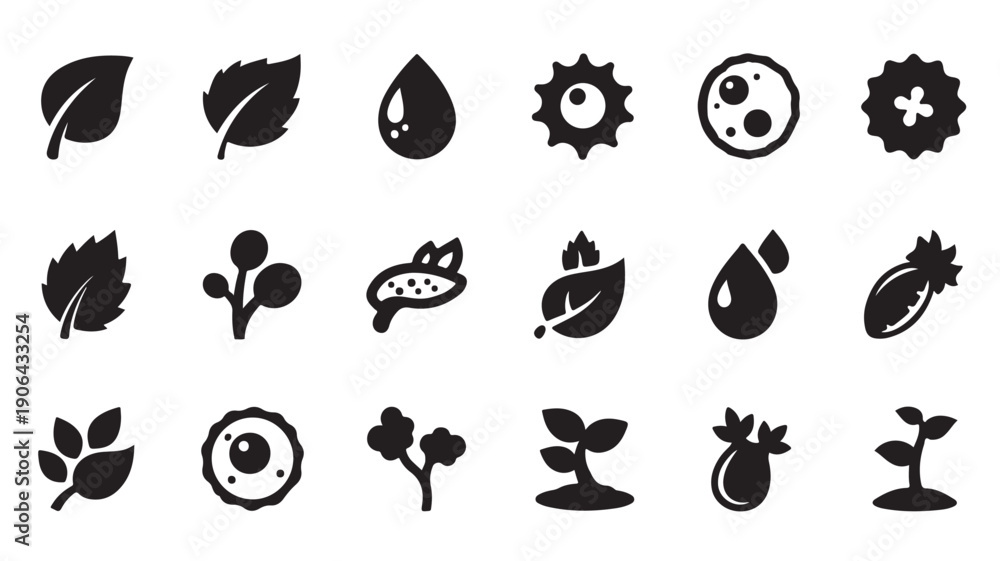 Fototapeta premium Botanical Icons Set in Simple Flat Design with Black Color on White Background for UIUX