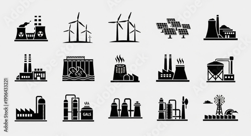 Collection of industrial factory and energy generation icons.