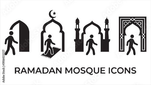 Ramadan Mosque Entrance Icon Set Featuring Muslim Man Figures Walking Through Islamic Arches and Prayer Room Doors in Flat Silhouette Style