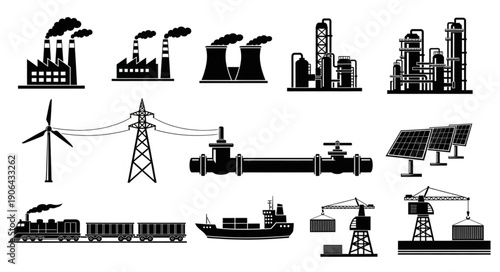 Collection of industrial factory and energy production icons.