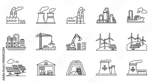 Collection of industrial factory and energy production icons.