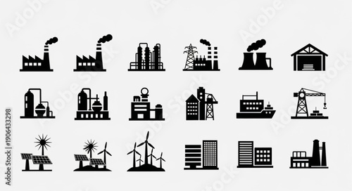 Collection of industrial factory and energy production icons.