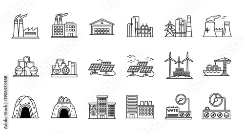 Collection of Industrial Buildings and Structures Icons.
