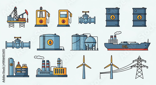 Collection of industrial energy and power generation icons.