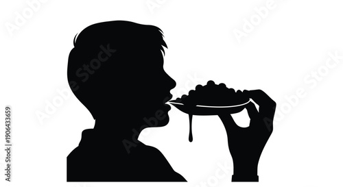 Boy eating messy food with hunger and enjoyment in silhouette style