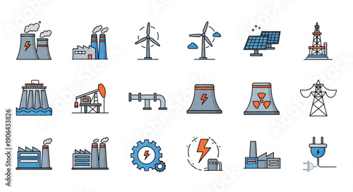 Collection of Industrial Energy Production Icons.