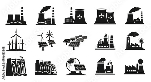 Collection of industrial energy production icons and symbols.