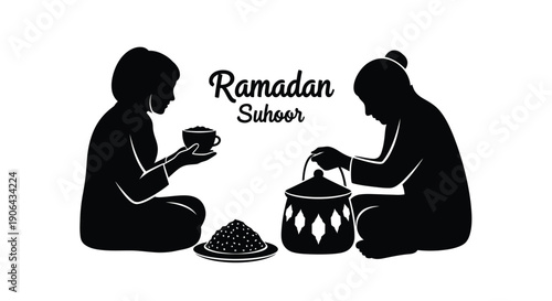 People having Ramadan Suhoor meal together in black silhouette