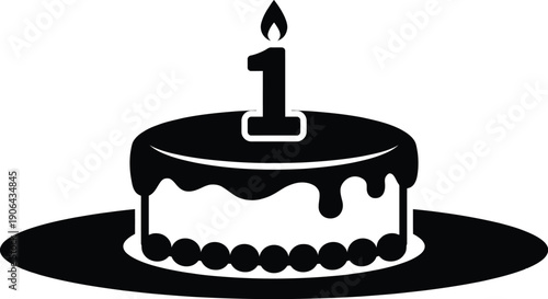 First Birthday Cake Silhouette Vector | Number 1 Candle Icon | Baby Anniversary Celebration