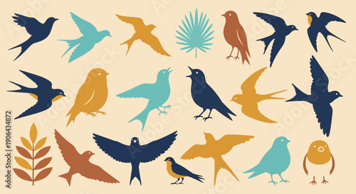 Various birds are flying and perched on branches and leaves in a natural setting with cvbnm,. reference.