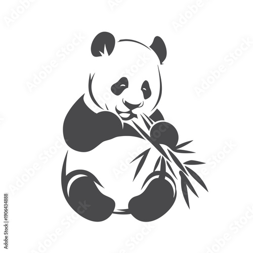 Black and White Pixel Art Graphic of a Panda Sitting and Eating Bamboo Leaves