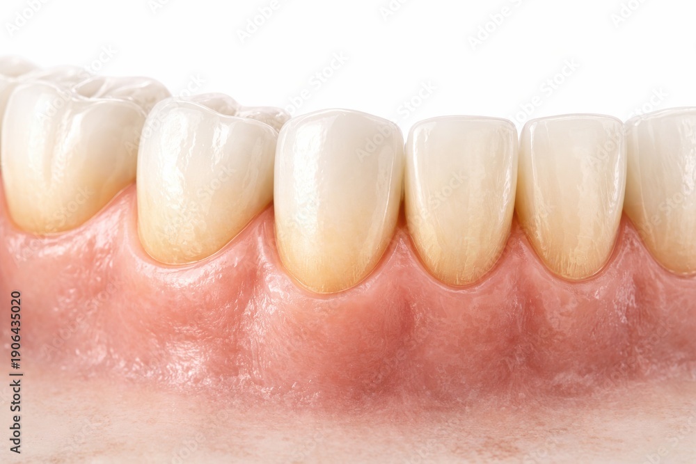 Fototapeta premium Close up view of healthy human teeth and gums on a white background, dental care