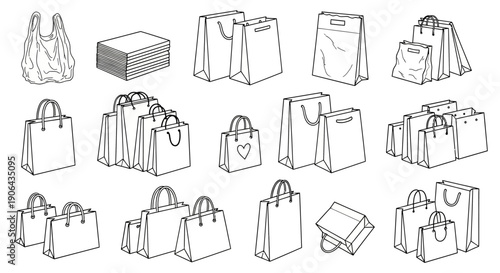 Various shopping bags and boxes are arranged on a surface for display.