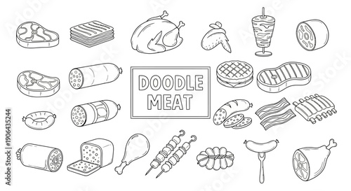 Doodle style illustrations of various meats and food items on display