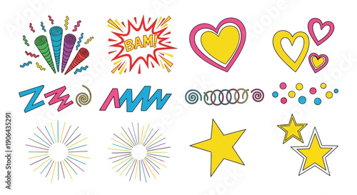 Multicolored graphic illustrations of various shapes and symbols are displayed