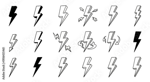 Collection of various lightning bolt icons in different styles and poses