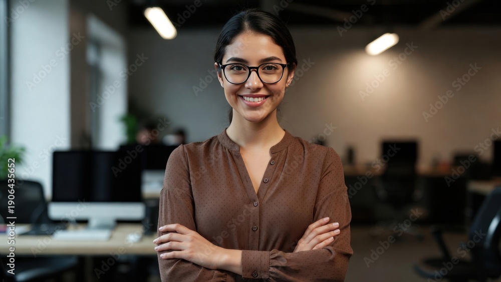 Naklejka premium Confident young hispanic female professional in modern office setting.