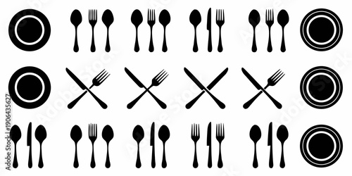 Black silhouette icons of plates cutlery and serving utensils arranged neatly