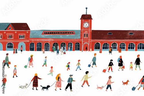 A vibrant illustration of a busy train station plaza with people and architecture