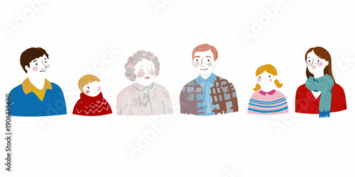Illustration of a diverse family group with varying ages and appearances