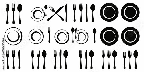 Black and white illustration of various dining cutlery and plates