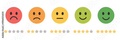 Customer Satisfaction Rating Vector Icons Featuring Colored Stars And Feedback Emojis For Reviews And Survey Interfaces.
