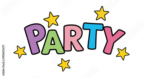 A vibrant party scene with colorful text and yellow stars floating around