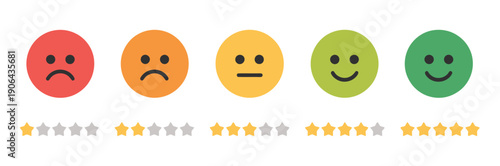 Customer Satisfaction Rating Vector Icons Featuring Colored Stars And Feedback Emojis For Reviews And Survey Interfaces.