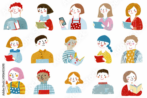 Diverse group of illustrated people reading books and using devices
